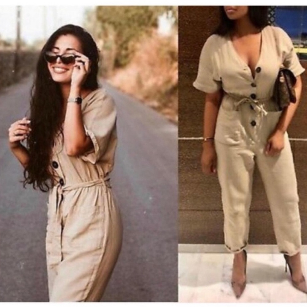 Zara Tan Linen Jumpsuit Size Large